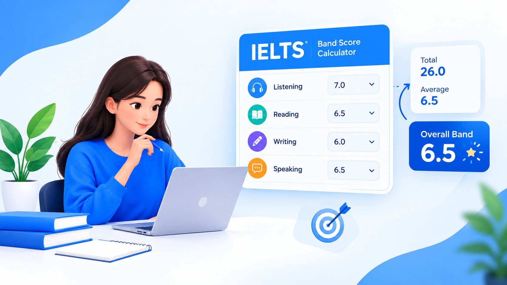 Illustration: an IELTS band score calculator with Listening 7.0, Reading 6.5, Writing 6.0 and Speaking 6.5 — a total of 26.0, an average of 6.5 and an overall band of 6.5.