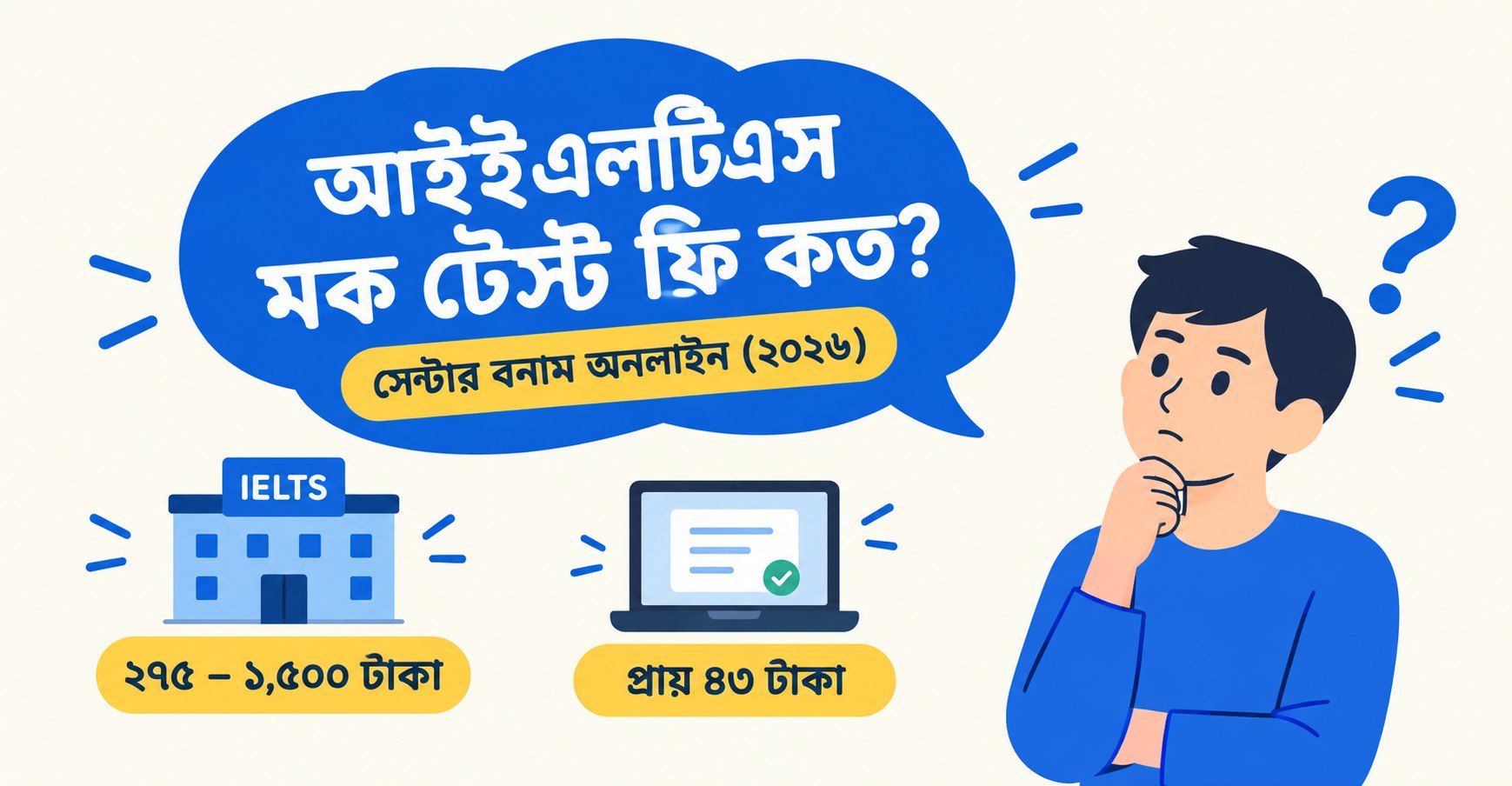 ইলাস্ট্রেশন: “আইইএলটিএস মক টেস্ট ফি কত? সেন্টার বনাম অনলাইন (২০২৬)”; সেন্টারে একটা মক ২৭৫–১,৫০০ টাকা, পাশে ল্যাপটপে প্রায় ৪৩ টাকা।