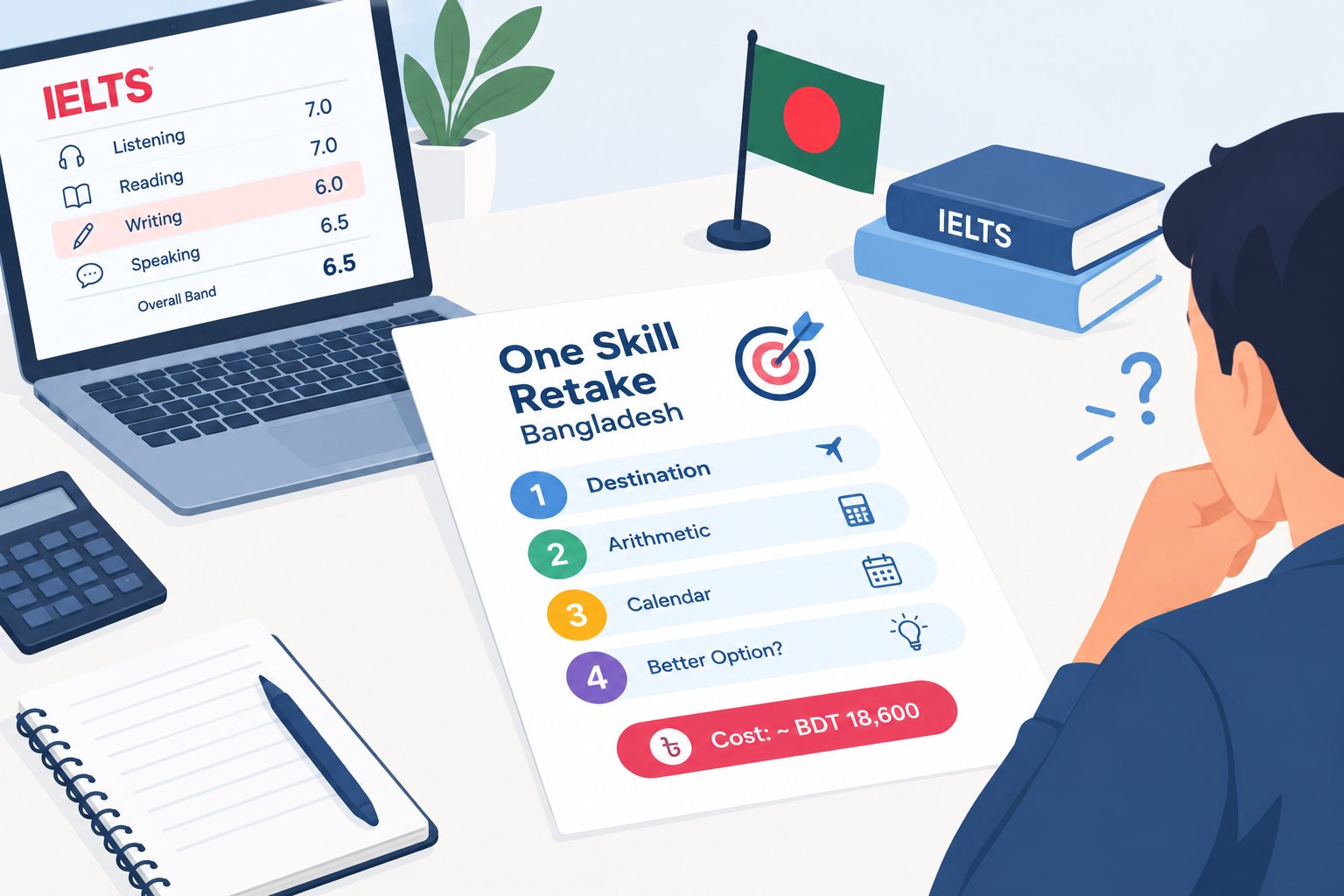 Illustration: an IELTS score report beside a One Skill Retake checklist and its Bangladesh fee.