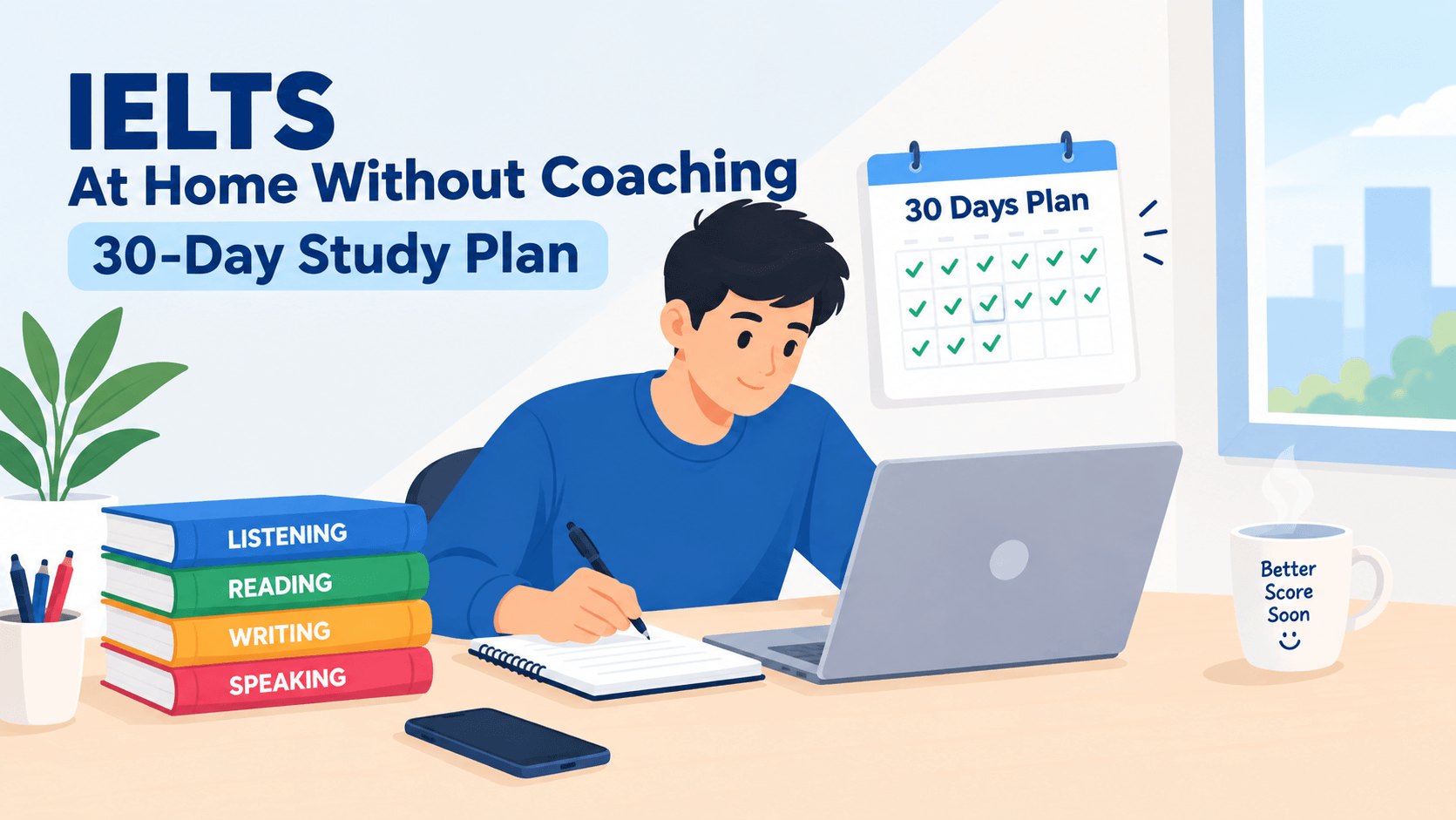 Illustration: “IELTS at home without coaching — 30-day study plan”; a candidate studying on a laptop beside books for the four modules and a 30-day calendar.