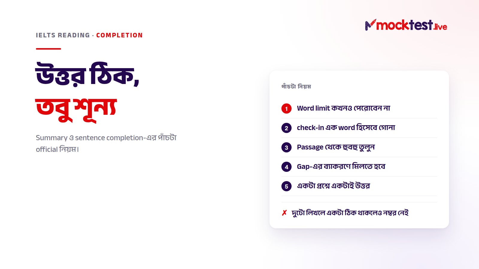 ইলাস্ট্রেশন: IELTS completion প্রশ্নের পাঁচ নিয়ম — word limit, এক word, passage থেকে তোলা, ব্যাকরণে মেলা, একটাই উত্তর।