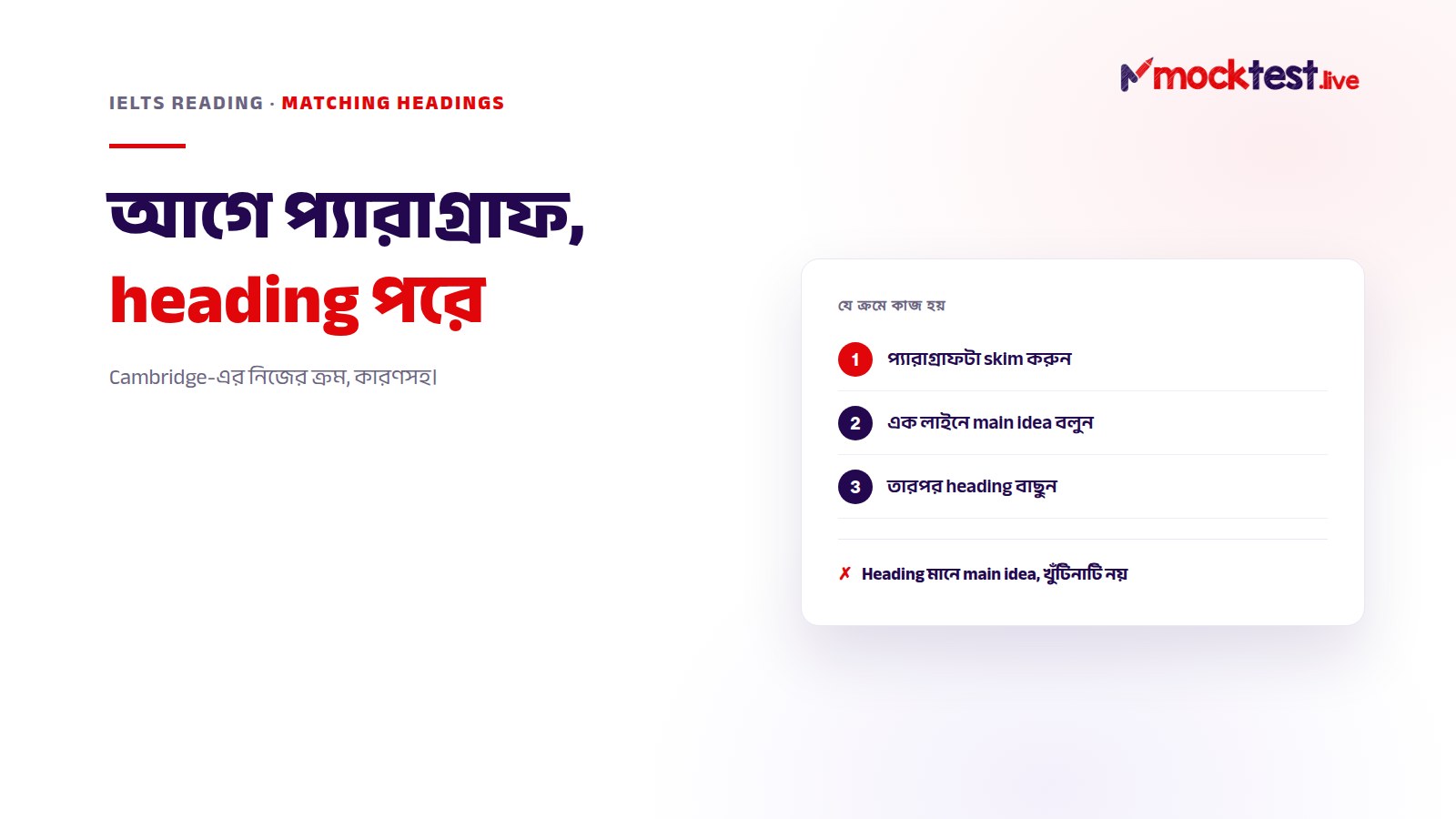 ইলাস্ট্রেশন: IELTS Reading-এ matching headings — প্যারাগ্রাফ skim করুন, main idea এক লাইনে বলুন, তারপর heading বাছুন।