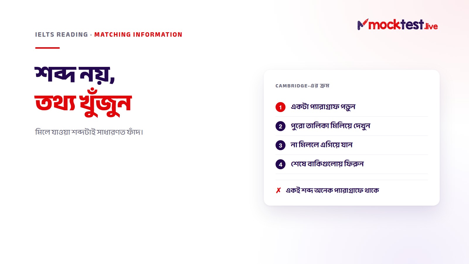 ইলাস্ট্রেশন: IELTS matching information — আগে প্যারাগ্রাফ পড়ুন, তারপর তালিকা মেলান; একই শব্দ অনেক প্যারাগ্রাফে থাকে।