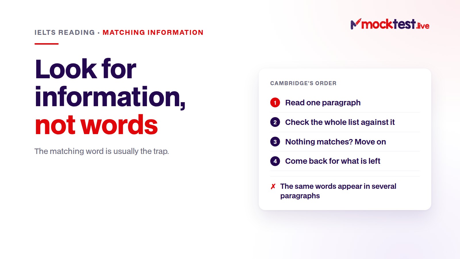 Illustration: IELTS matching information — read a paragraph, then check the list, because the same words appear in several paragraphs.