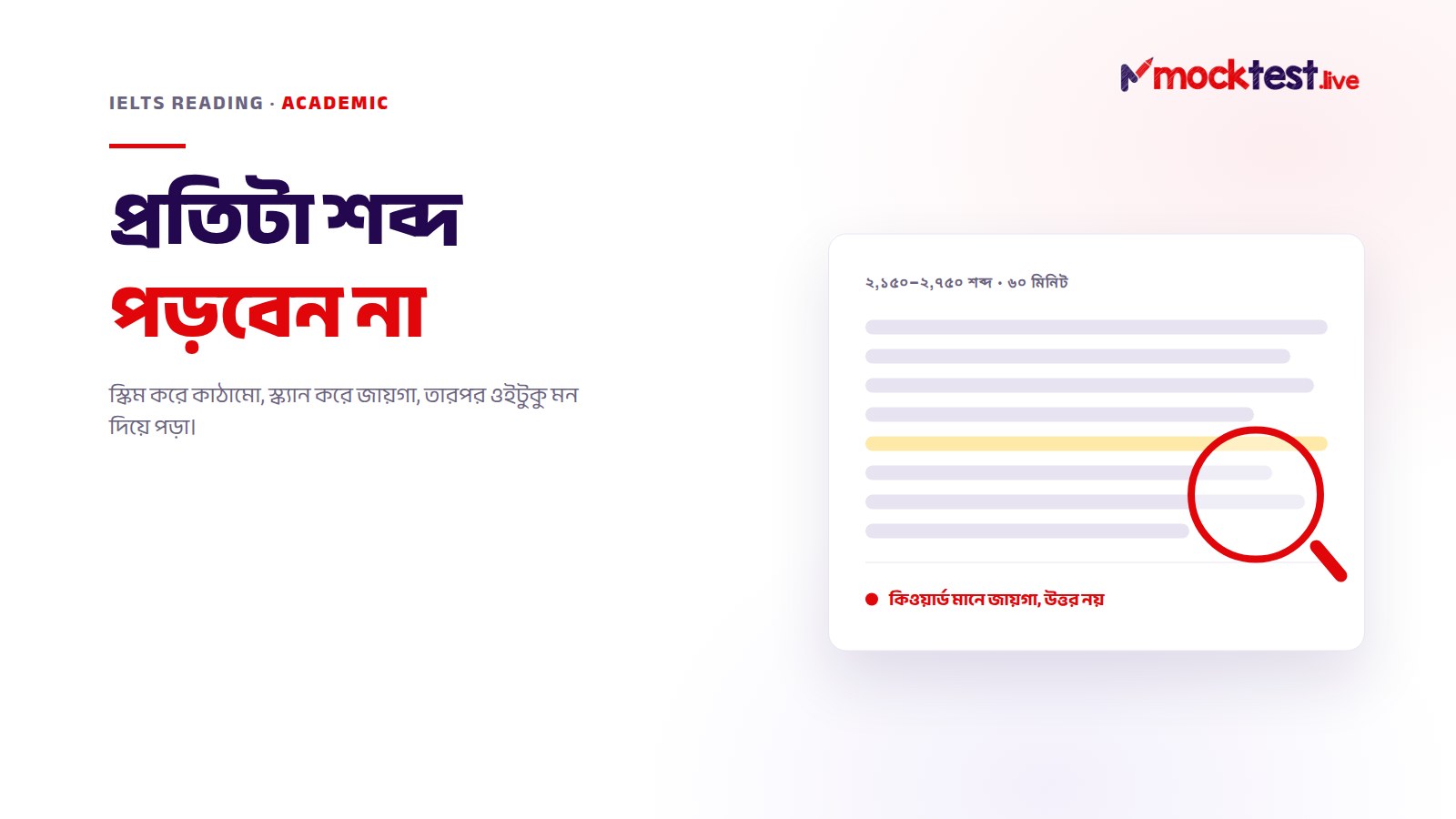 ইলাস্ট্রেশন: IELTS Academic Reading — আগে স্কিম করে পুরোটার ধারণা, তারপর স্ক্যান করে জায়গা খোঁজা, শেষে ওই অংশটুকু মন দিয়ে পড়া।