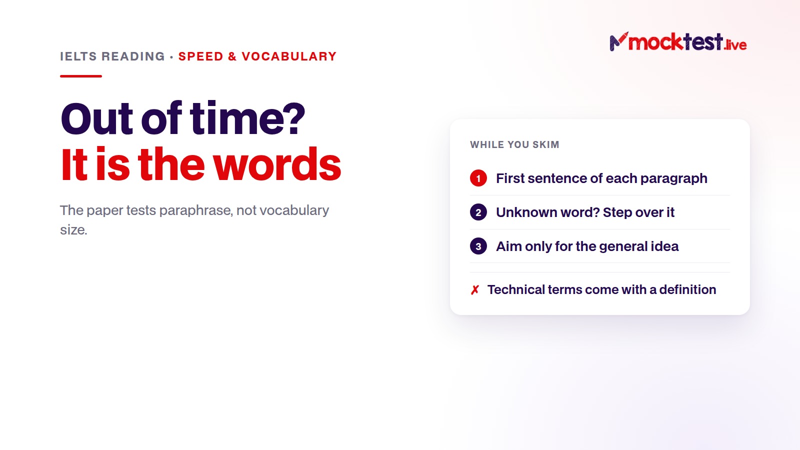 Illustration: IELTS Reading speed — three words not understood, answer still correct, because the paper tests paraphrase rather than vocabulary.