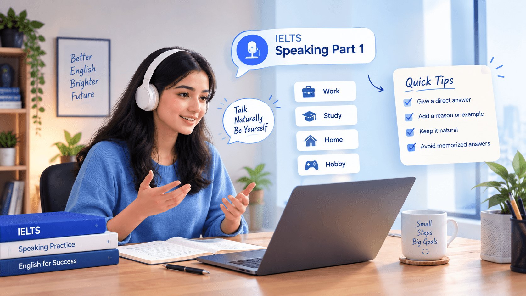 Illustration: a candidate answering IELTS Speaking Part 1 questions on work, study, home and hobbies, beside a short list of tips.
